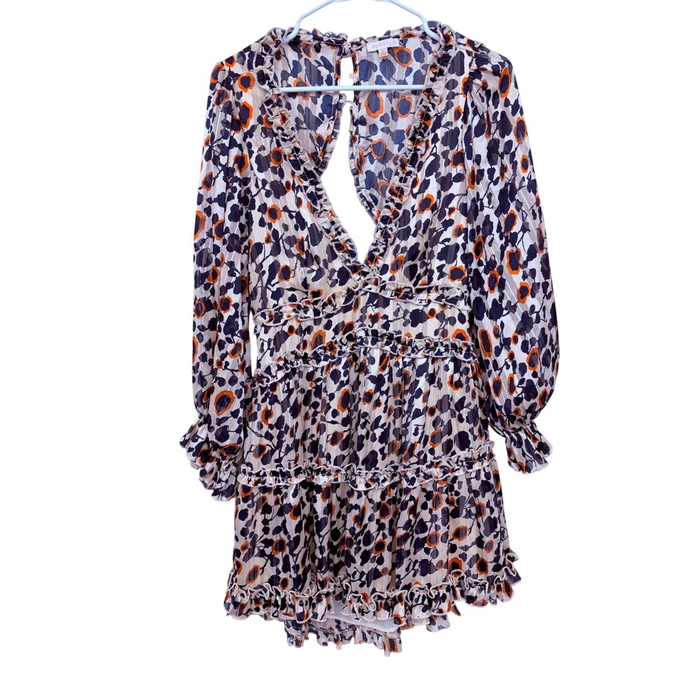 Luxxel Mini Dress Womens Large Multi Color Good Ruffle Floral Open Back V-Neck
